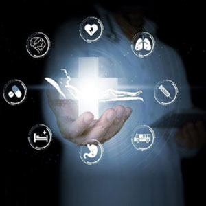 A doctor holding a medical cross with icons for healthcare, medicine, and wellness around it - Fenstersheib Law Group, P.A